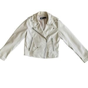 ZARA Moto Biker Jacket Faux Leather Full Zip Belted Women's Medium Beige Cream